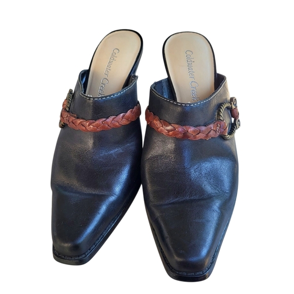 Coldwater Creek Black & Brown Leather Block Healed Mules Western Design Size 6 - Picture 2 of 9
